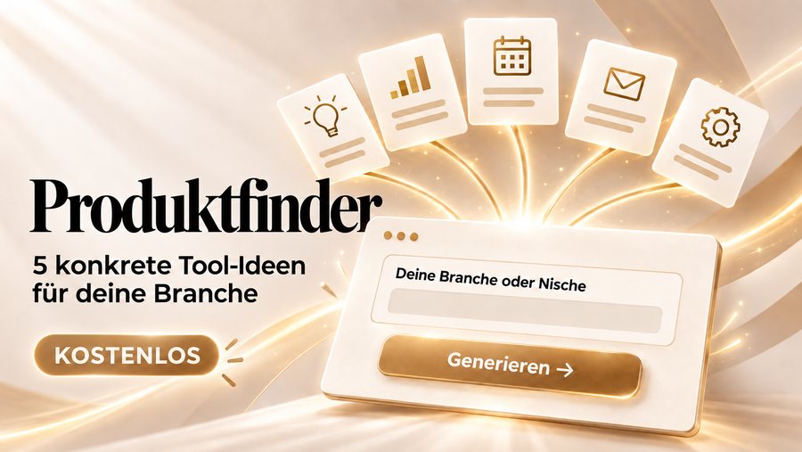 Produktfinder: Eingabefeld für Branche oder Nische, darüber fünf Kärtchen mit Tool-Ideen